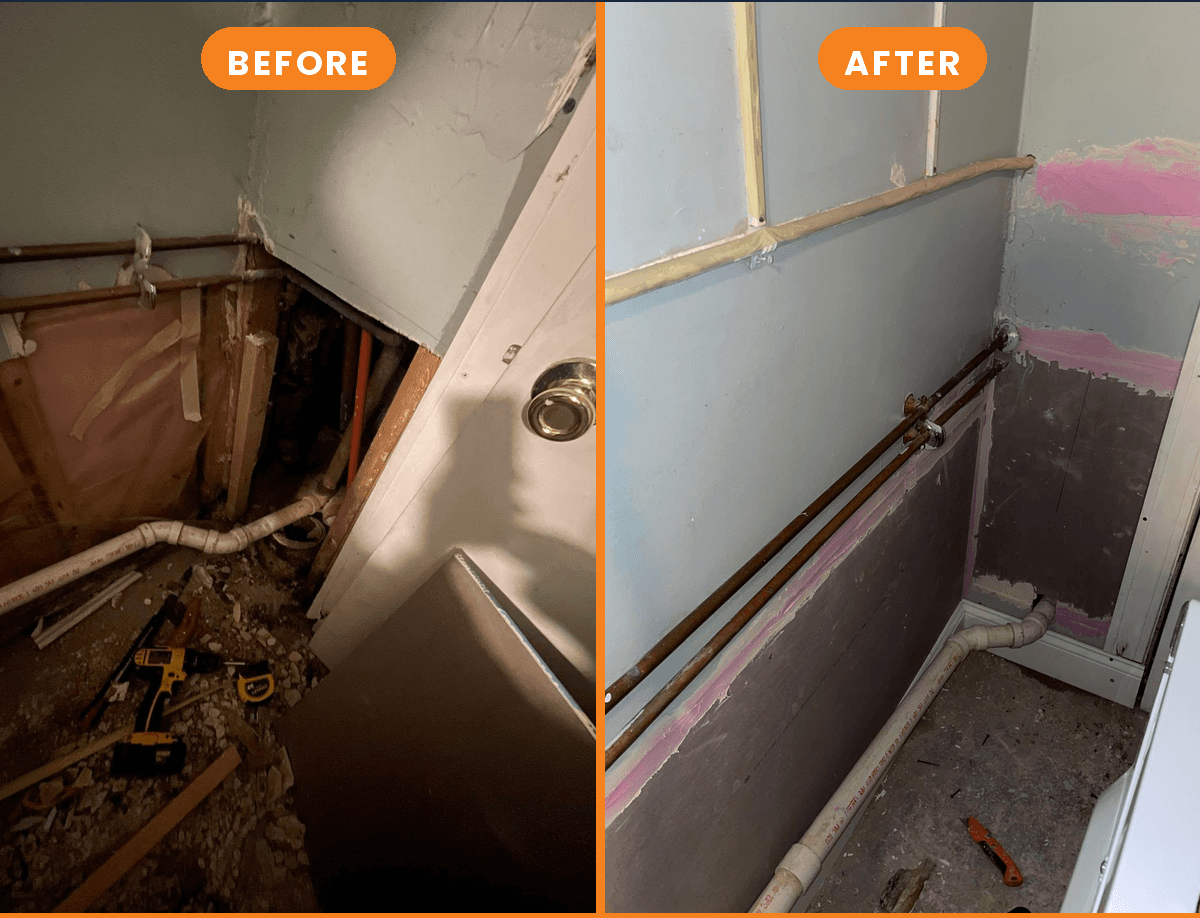 Drywall repair before and after by Boston Handyman Co.