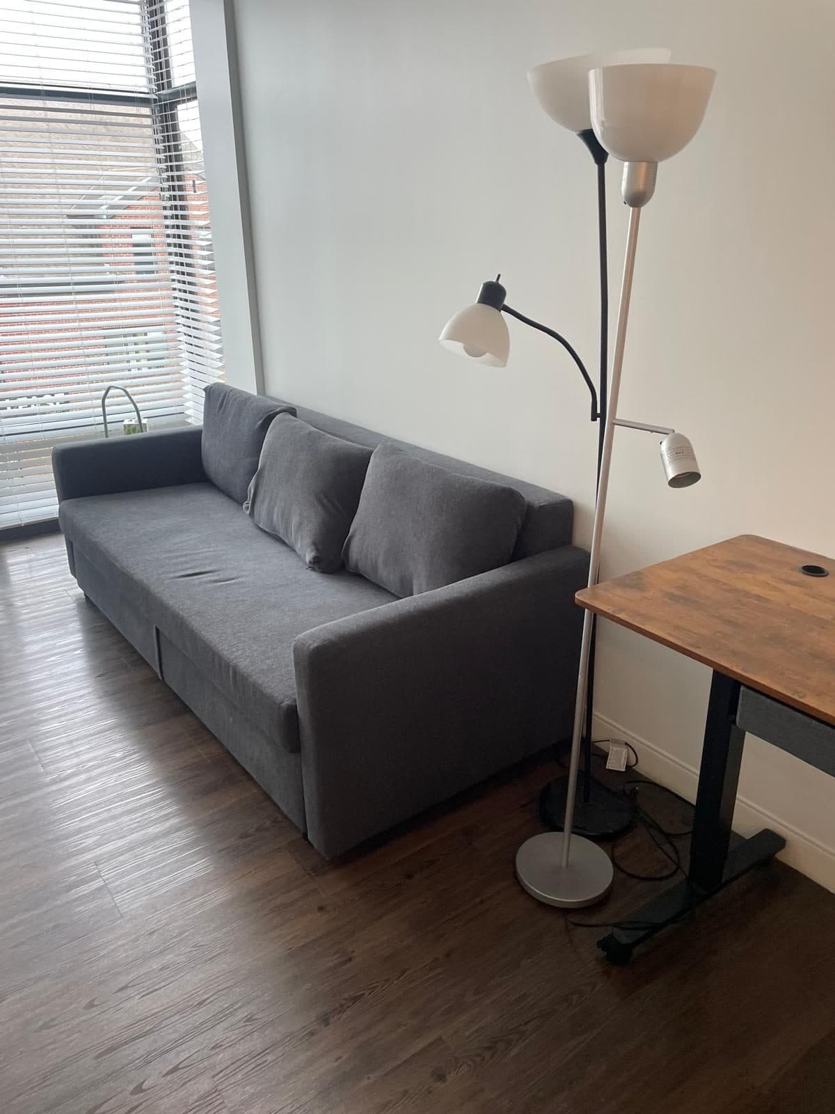 Grey sofa, desk and floor lamp assembled in a cozy Boston living room